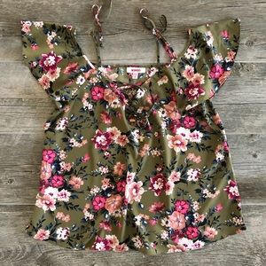 BONGO Olive Floral Flowy Ruffle Sleeve Blouse